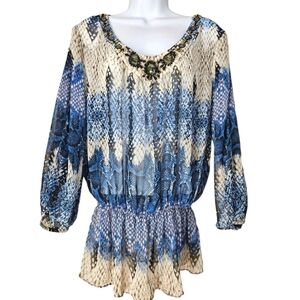 NWOT Cache cream & blue beaded animal print sheer  blouse top Womens Large